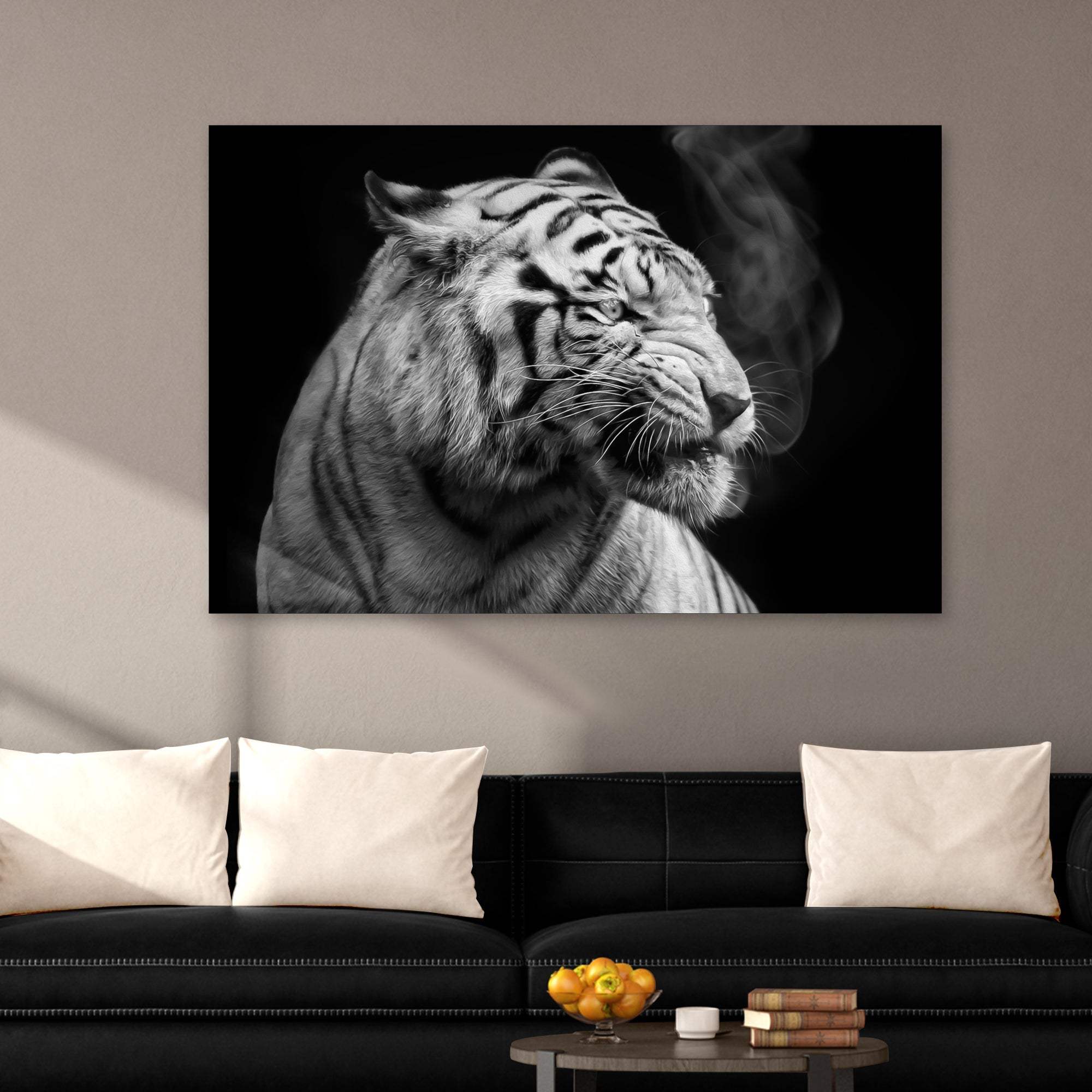 Black And White Smoking Tiger Canvas Wall Art - Tailored Canvases - Flyclothing LLC