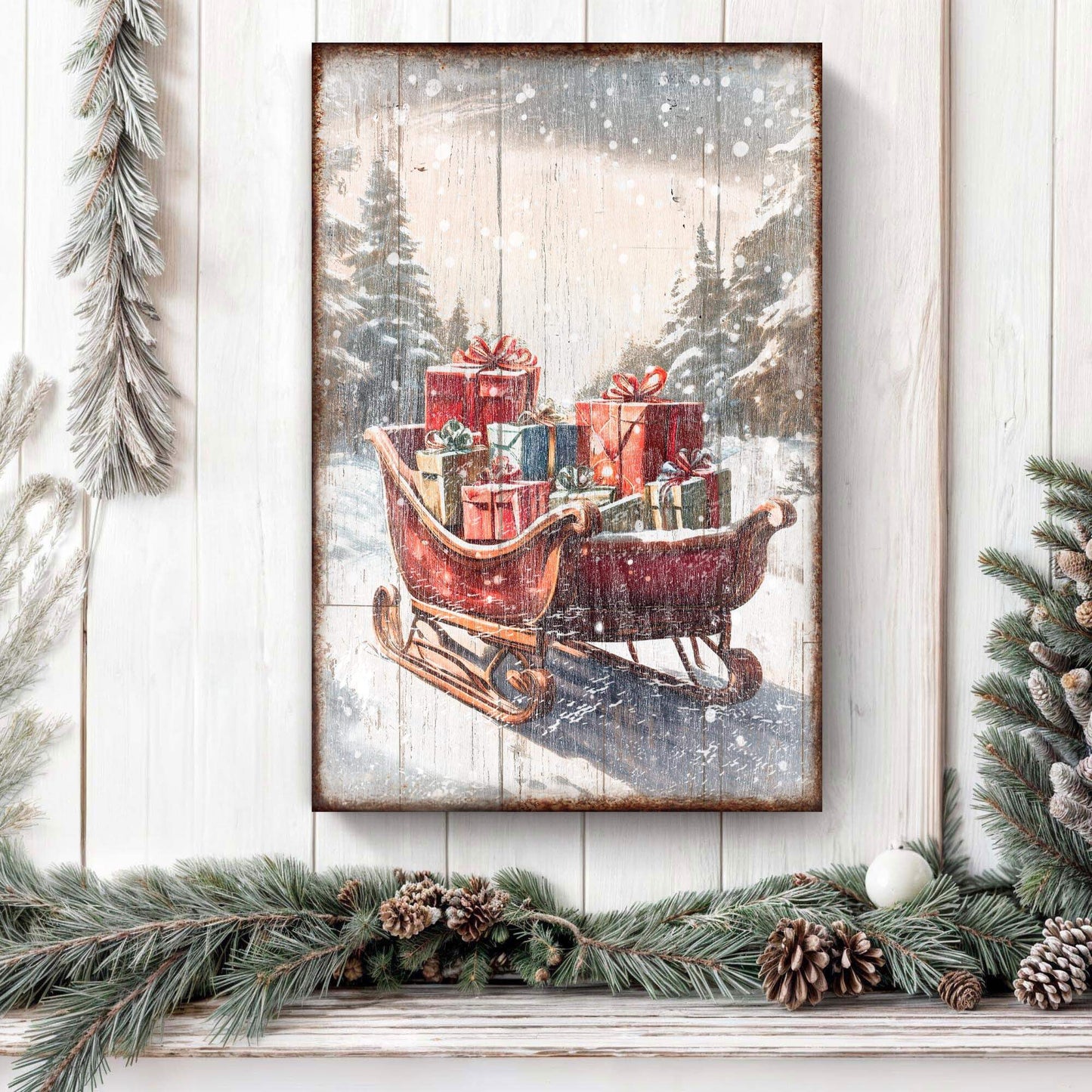 Vintage Christmas Sleigh Sled Wall Art V - Tailored Canvases - Flyclothing LLC