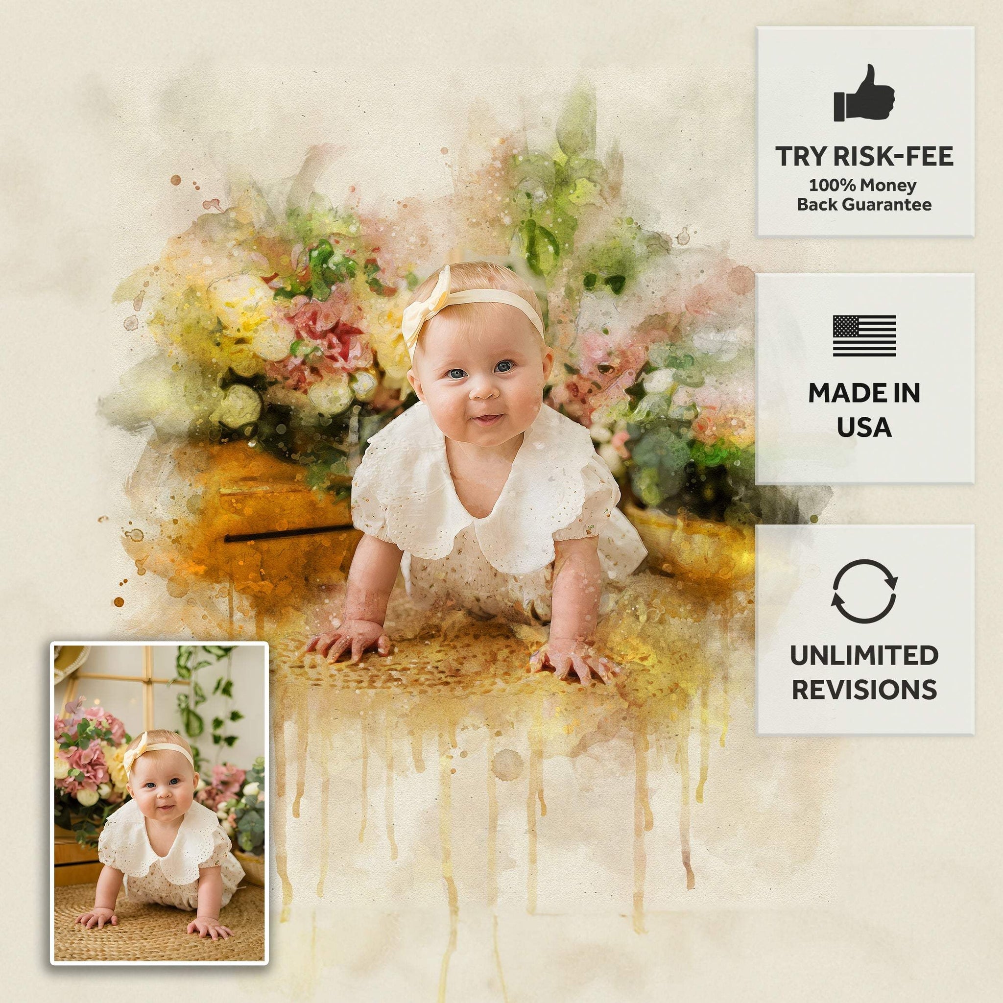 Newborn Baby Watercolor Portrait Custom Wall Art - Tailored Canvases - Flyclothing LLC