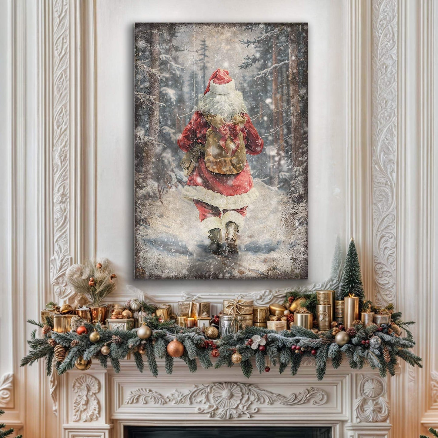 Vintage Santa Claus in Winter Forest Christmas Wall Art II - Tailored Canvases - Flyclothing LLC