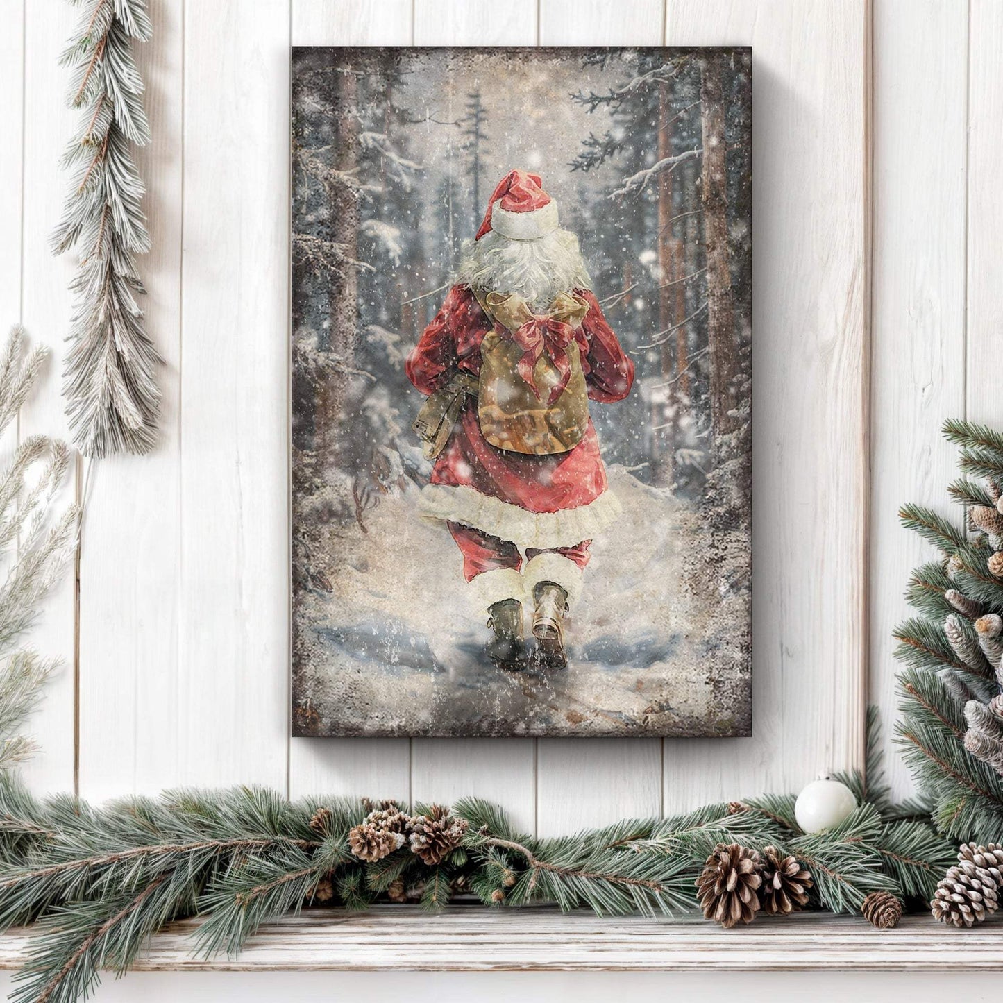Vintage Santa Claus in Winter Forest Christmas Wall Art II - Tailored Canvases - Flyclothing LLC