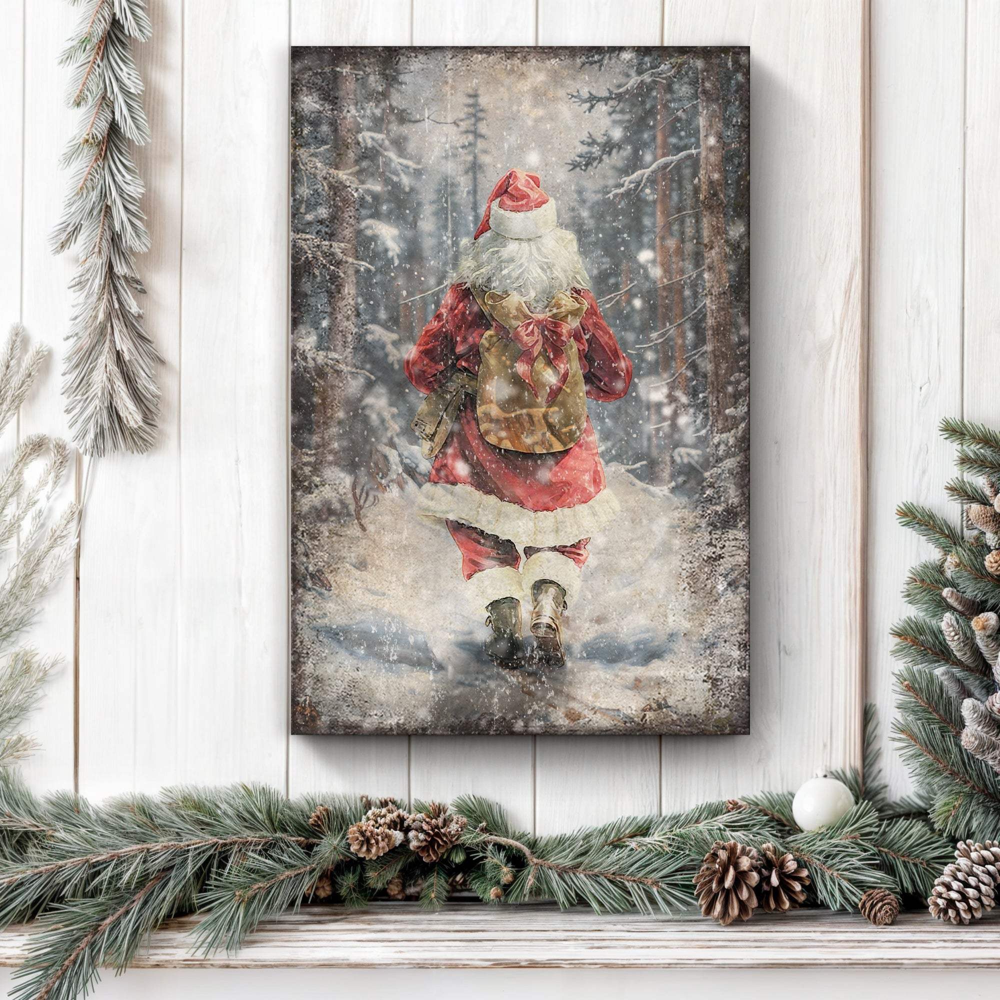 Vintage Santa Claus in Winter Forest Christmas Wall Art II - Tailored Canvases - Flyclothing LLC