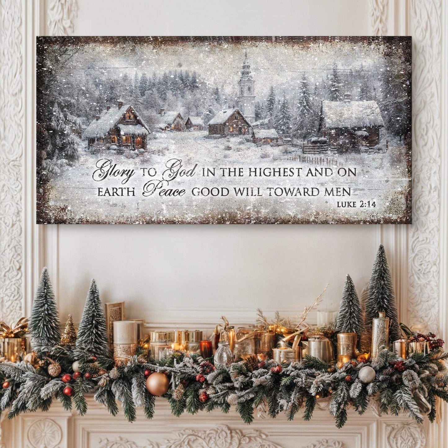 Vintage Christmas Village Luke 2:14 Scripture Sign - Tailored Canvases - Flyclothing LLC