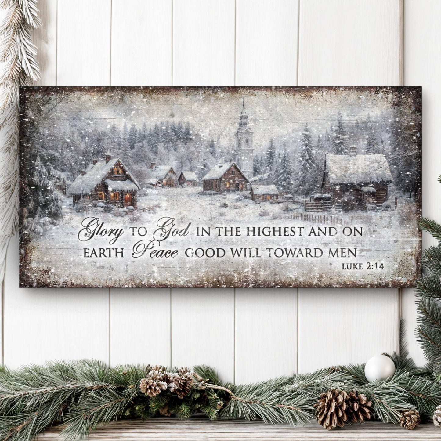 Vintage Christmas Village Luke 2:14 Scripture Sign - Tailored Canvases - Flyclothing LLC