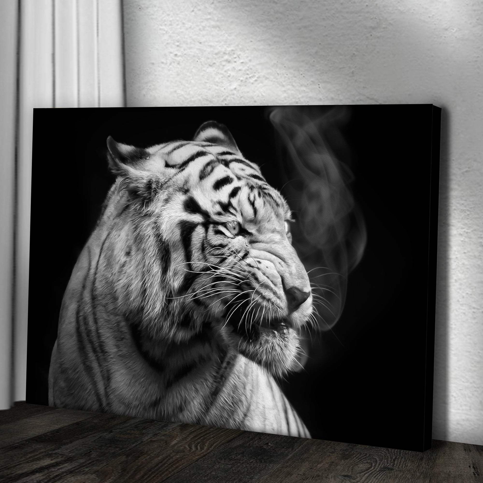 Black And White Smoking Tiger Canvas Wall Art - Tailored Canvases - Flyclothing LLC