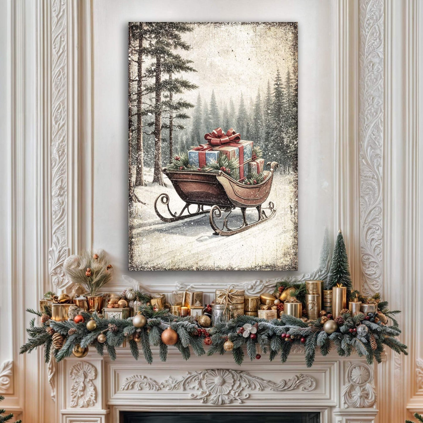 Vintage Christmas Sleigh Sled Wall Art III - Tailored Canvases - Flyclothing LLC