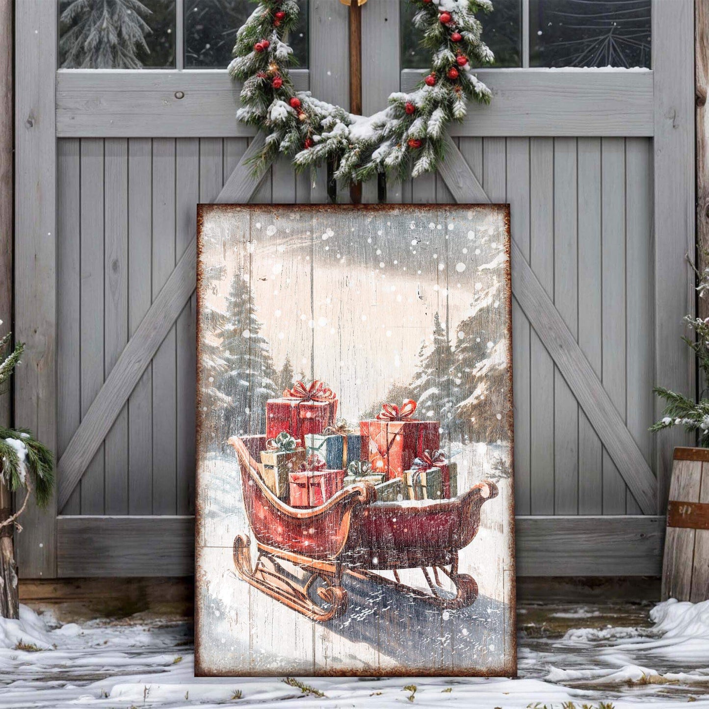 Vintage Christmas Sleigh Sled Wall Art V - Tailored Canvases - Flyclothing LLC