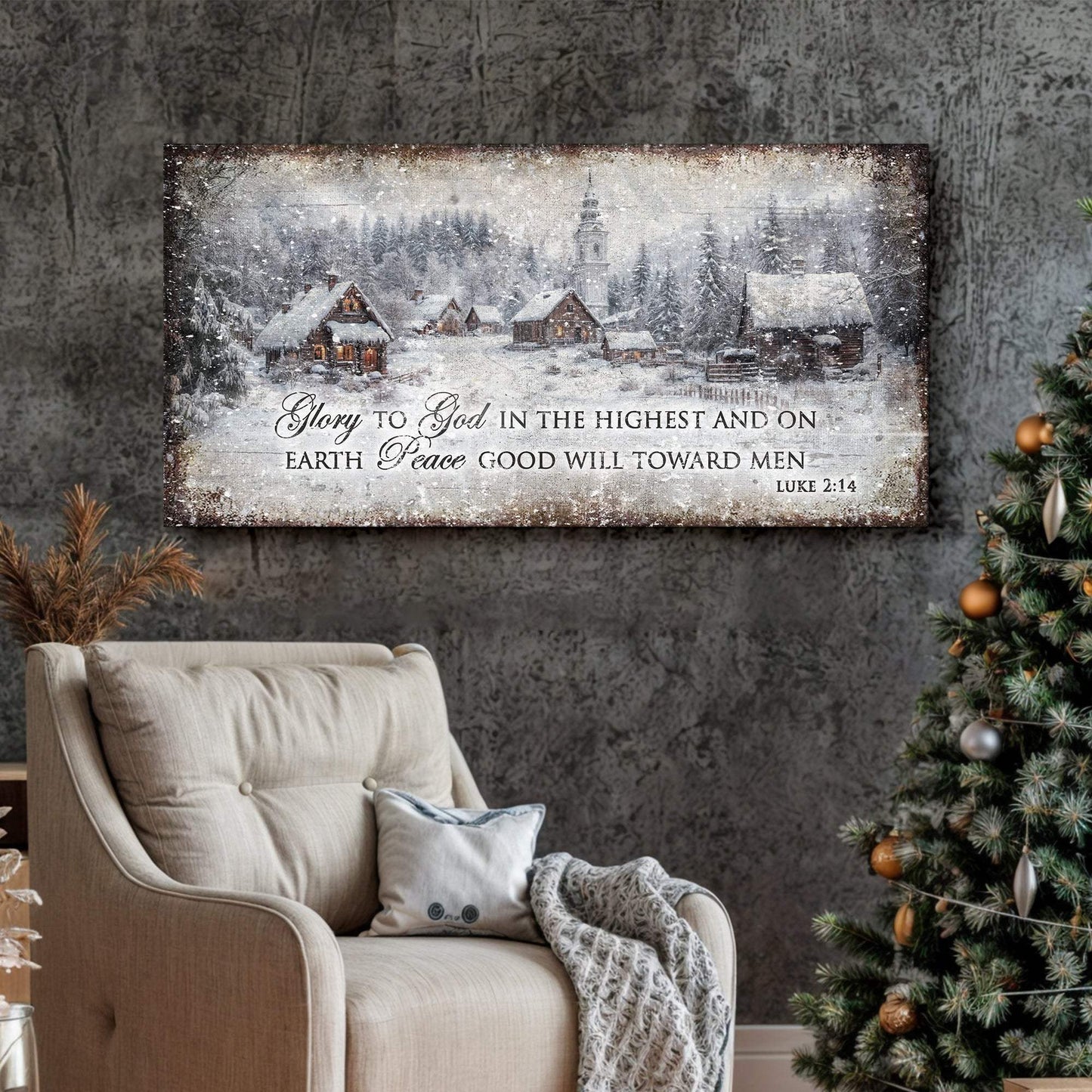 Vintage Christmas Village Luke 2:14 Scripture Sign - Tailored Canvases - Flyclothing LLC