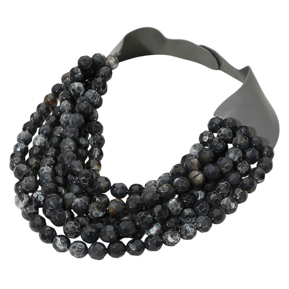 Marbled Faceted Acrylic Ball Beaded Multi Strand Layered Faux Leather Magnetic Necklace - Madeline Love - Flyclothing LLC