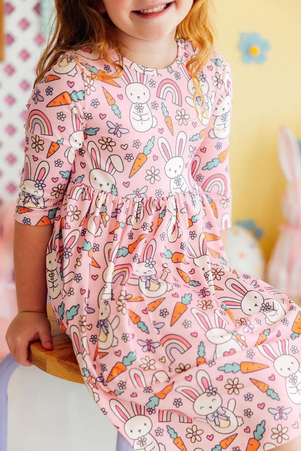 Springtime Bunnies 3/4 Sleeve Pocket Twirl Dress - Mila & Rose ® - Flyclothing LLC