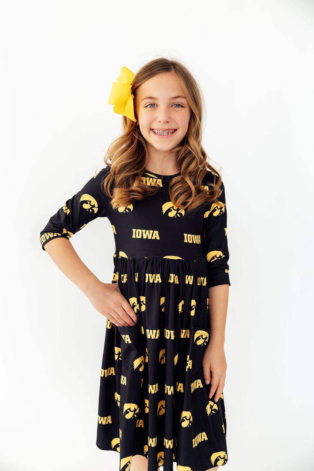 Iowa Black Tigerhawk 3/4 Sleeve Pocket Twirl Dress - Mila & Rose ® - Flyclothing LLC