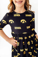 Iowa Black Tigerhawk 3/4 Sleeve Pocket Twirl Dress - Mila & Rose ® - Flyclothing LLC