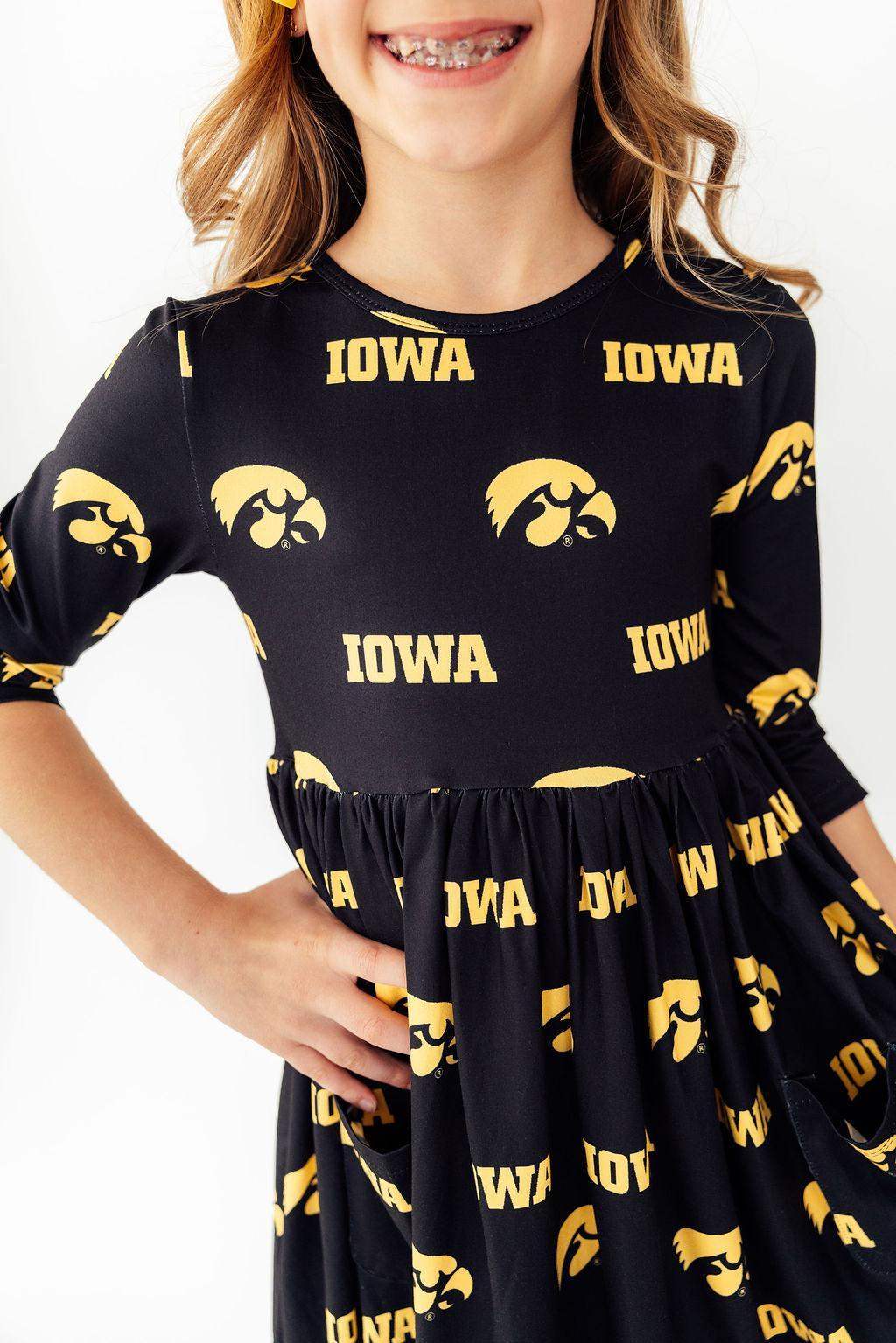Iowa Black Tigerhawk 3/4 Sleeve Pocket Twirl Dress - Mila & Rose ® - Flyclothing LLC