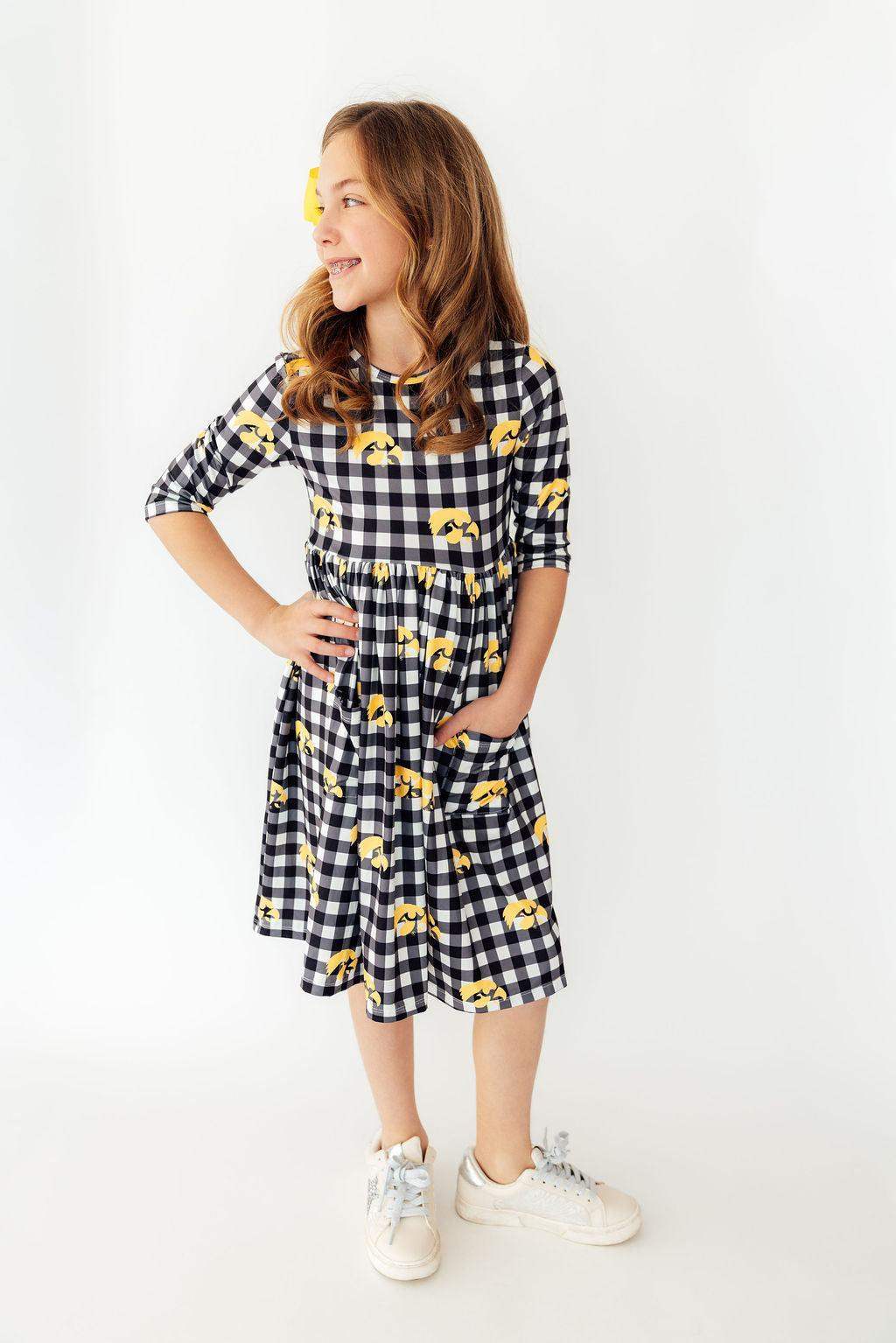 Iowa Plaid Tigerhawk 3/4 Sleeve Pocket Twirl Dress - Mila & Rose ® - Flyclothing LLC