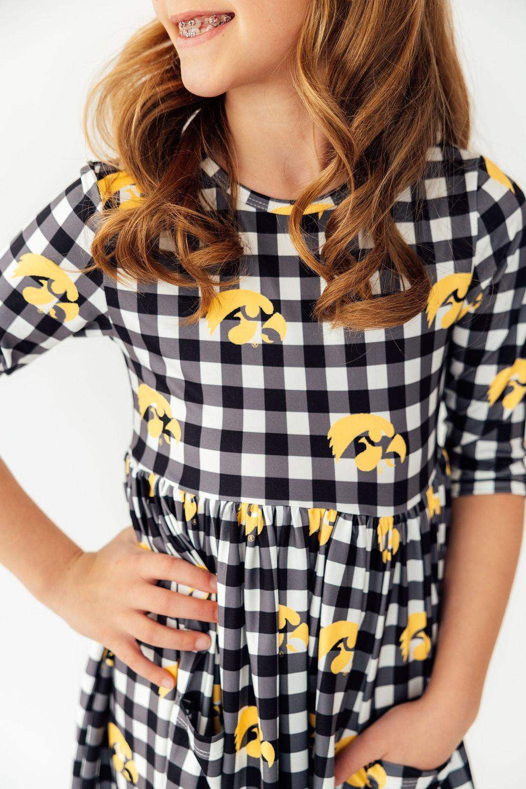 Iowa Plaid Tigerhawk 3/4 Sleeve Pocket Twirl Dress - Mila & Rose ® - Flyclothing LLC