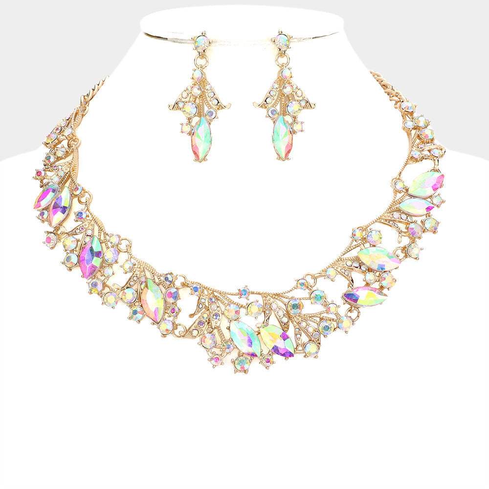 Marquise Stone Accented Leaf Evening Necklace - Madeline Love - Flyclothing LLC