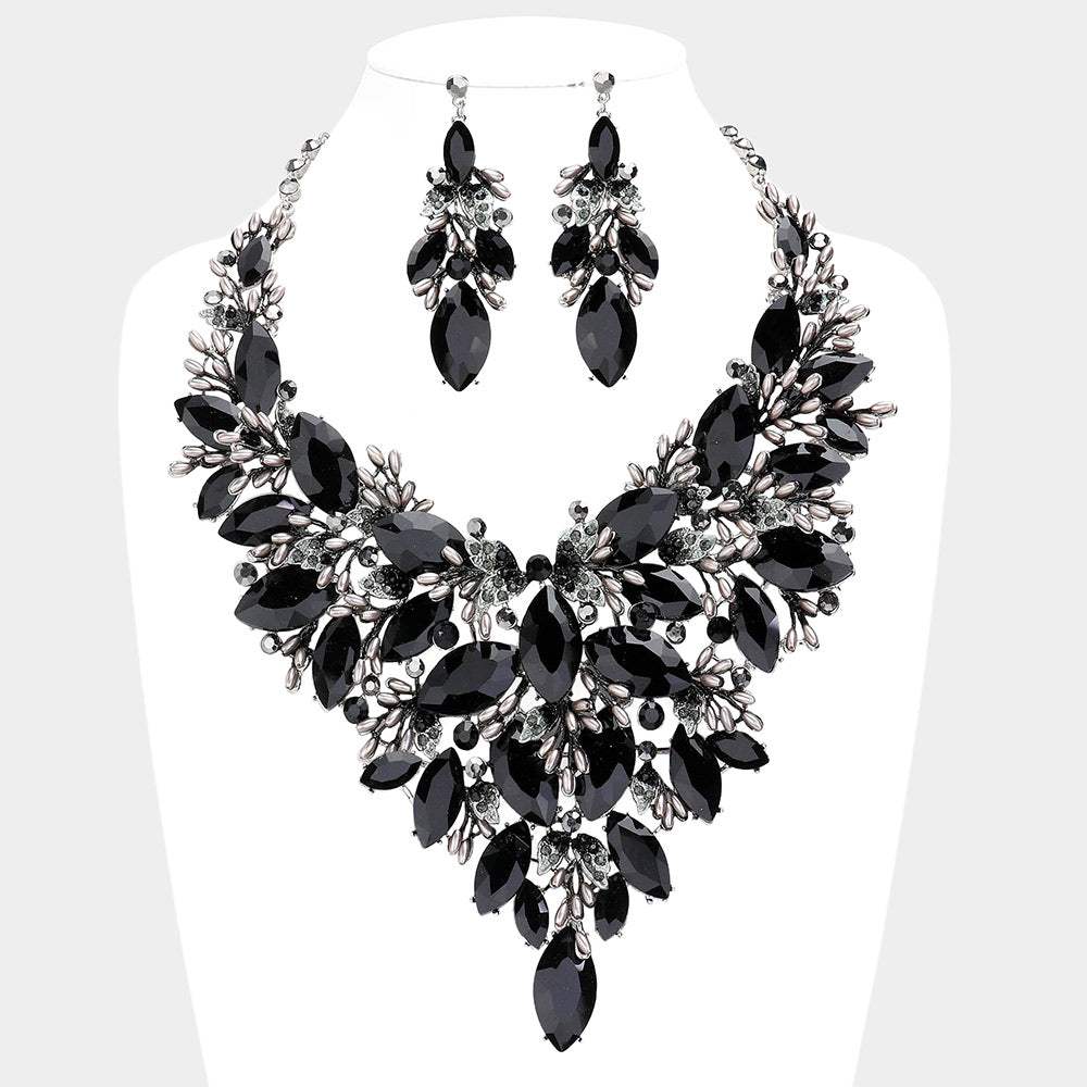 Marquise Stone Cluster Leaf Evening Necklace - Madeline Love - Flyclothing LLC