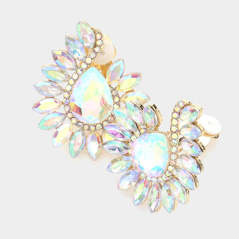 Marquise Stone Embellished Teardrop Stone Pointed Clip On Earrings - Madeline Love - Flyclothing LLC