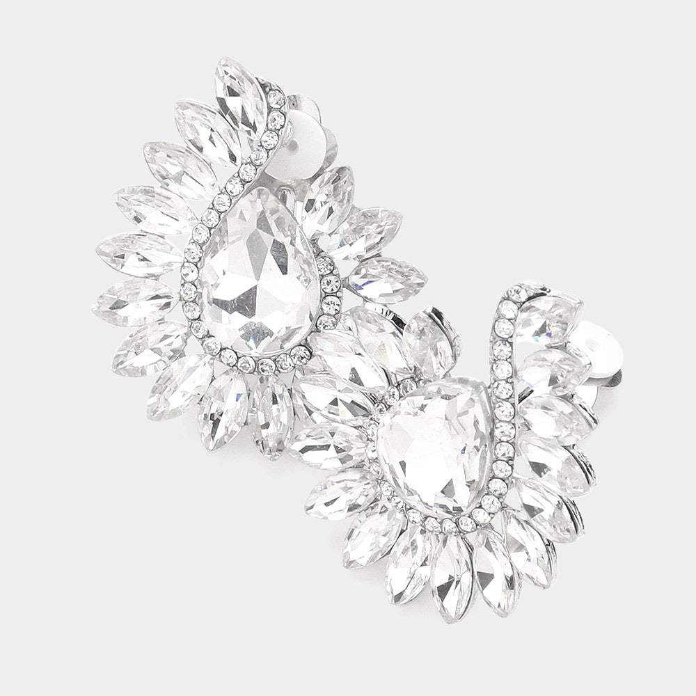 Marquise Stone Embellished Teardrop Stone Pointed Clip On Earrings - Madeline Love - Flyclothing LLC