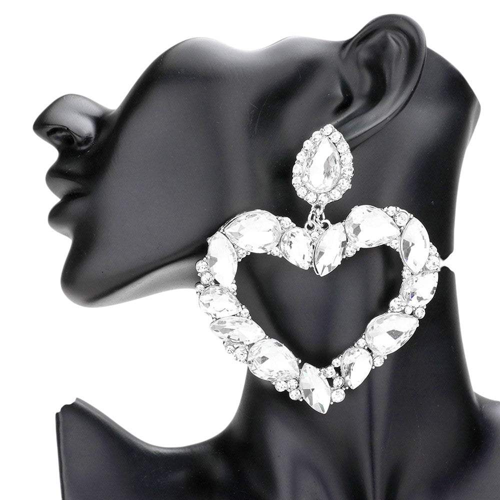 Marquise Teardrop Stone Cluster Open Heart Dangle Evening Earrings - Madeline Love - Flyclothing LLC