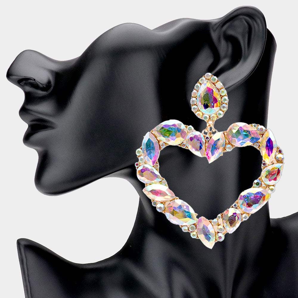 Marquise Teardrop Stone Cluster Open Heart Dangle Evening Earrings - Madeline Love - Flyclothing LLC