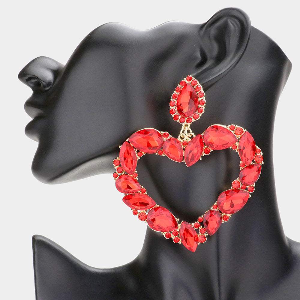 Marquise Teardrop Stone Cluster Open Heart Dangle Evening Earrings - Madeline Love - Flyclothing LLC