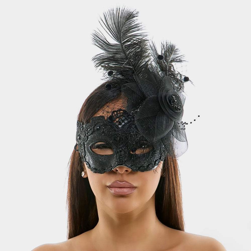 Mesh Flower Feather Accent Lace Masquerade Halloween Mask - Madeline Love - Flyclothing LLC