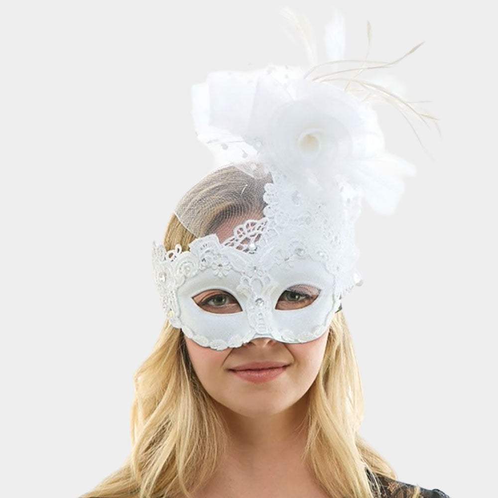 Mesh Flower Feather Detail Lace Applique Masquerade Halloween Mask - Madeline Love - Flyclothing LLC