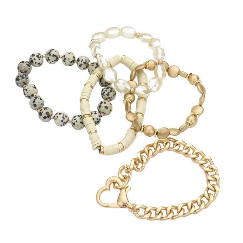 Metal Heart Heishi Natural Stone Stretch Bracelets - Madeline Love - Flyclothing LLC