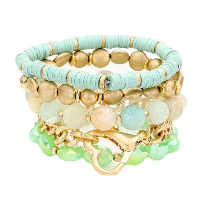 Metal Heart Heishi Natural Stone Stretch Bracelets - Madeline Love - Flyclothing LLC