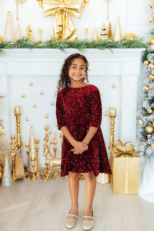 Cranberry Velvet Sequin Dress - Mila & Rose ® - Flyclothing LLC