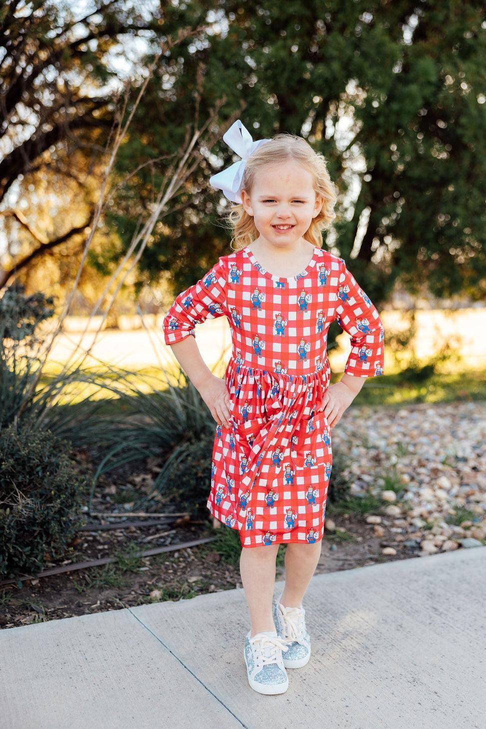Nebraska Plaid Herbie Husker 3/4 Sleeve Pocket Twirl Dress - Mila & Rose ® - Flyclothing LLC