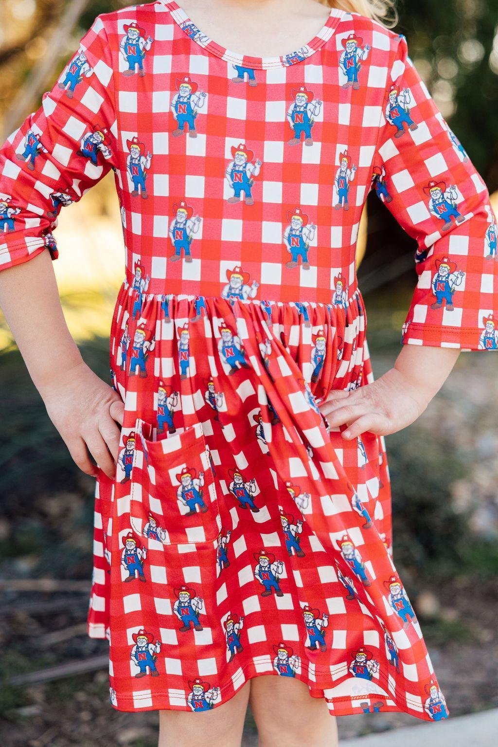 Nebraska Plaid Herbie Husker 3/4 Sleeve Pocket Twirl Dress - Mila & Rose ® - Flyclothing LLC
