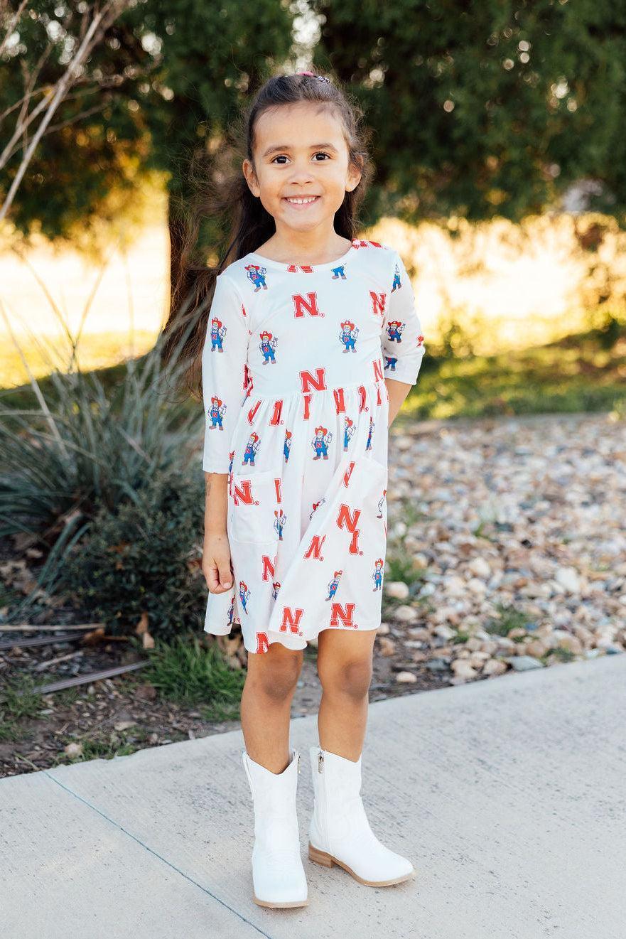 Nebraska White Herbie Husker 3/4 Sleeve Pocket Twirl Dress - Mila & Rose ® - Flyclothing LLC