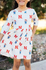 Nebraska White Herbie Husker 3/4 Sleeve Pocket Twirl Dress - Mila & Rose ® - Flyclothing LLC