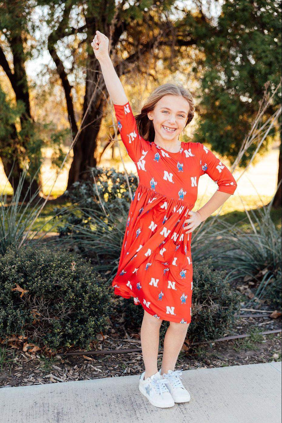 Nebraska Red Herbie Husker 3/4 Sleeve Pocket Twirl Dress - Mila & Rose ® - Flyclothing LLC