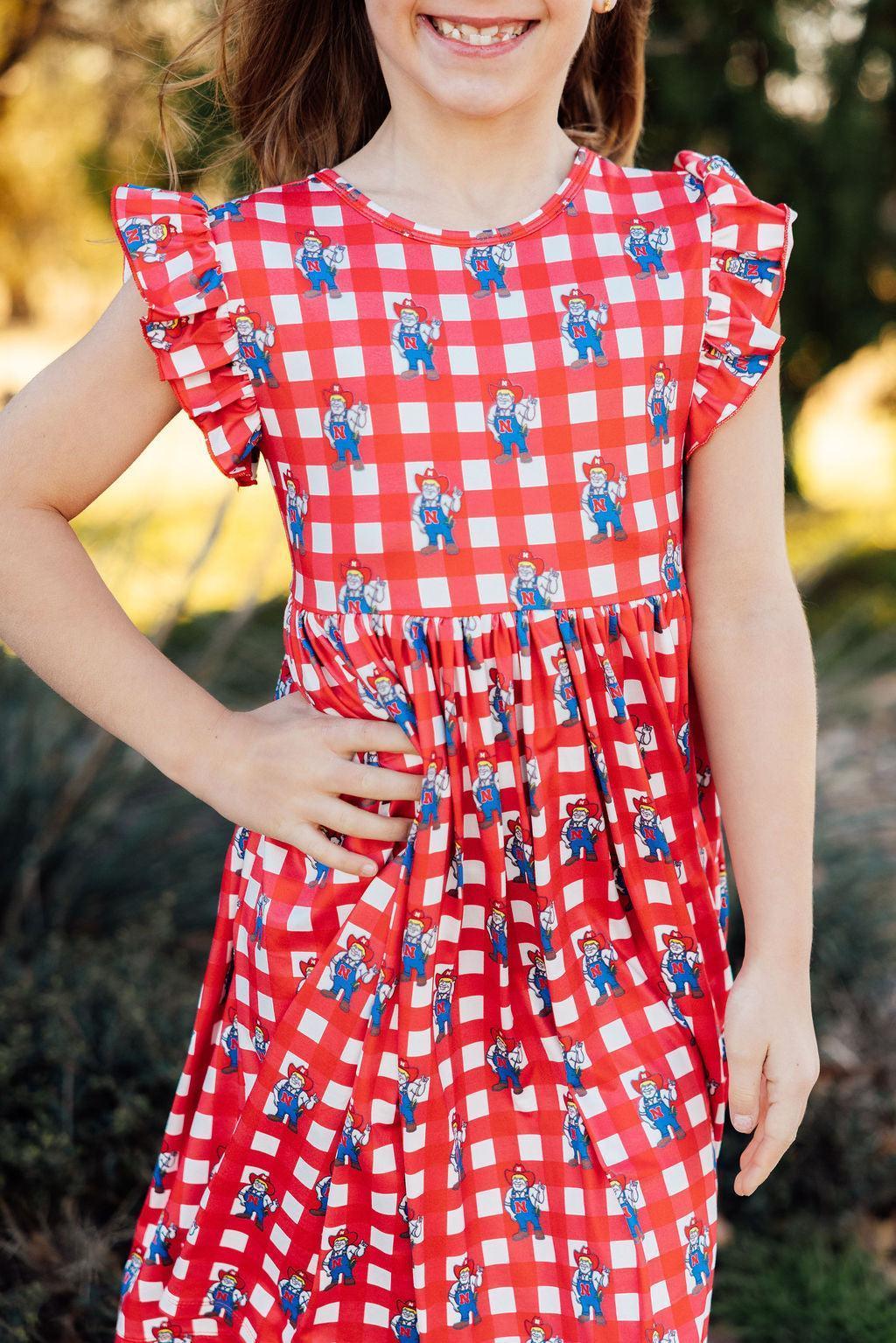 Nebraska Plaid Herbie Husker Flutter Twirl Dress - Mila & Rose ® - Flyclothing LLC