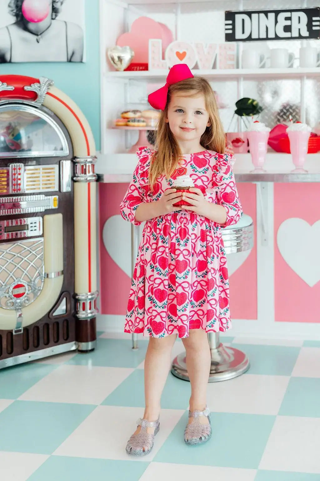 Fluttering Hearts 3/4 Sleeve Ruffle Twirl Dress - Mila & Rose ® - Flyclothing LLC
