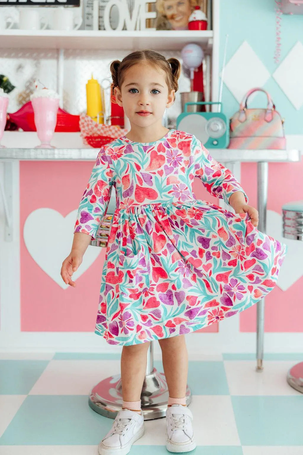 Watercolor Hearts 3/4 Sleeve Pocket Twirl Dress - Mila & Rose ® - Flyclothing LLC