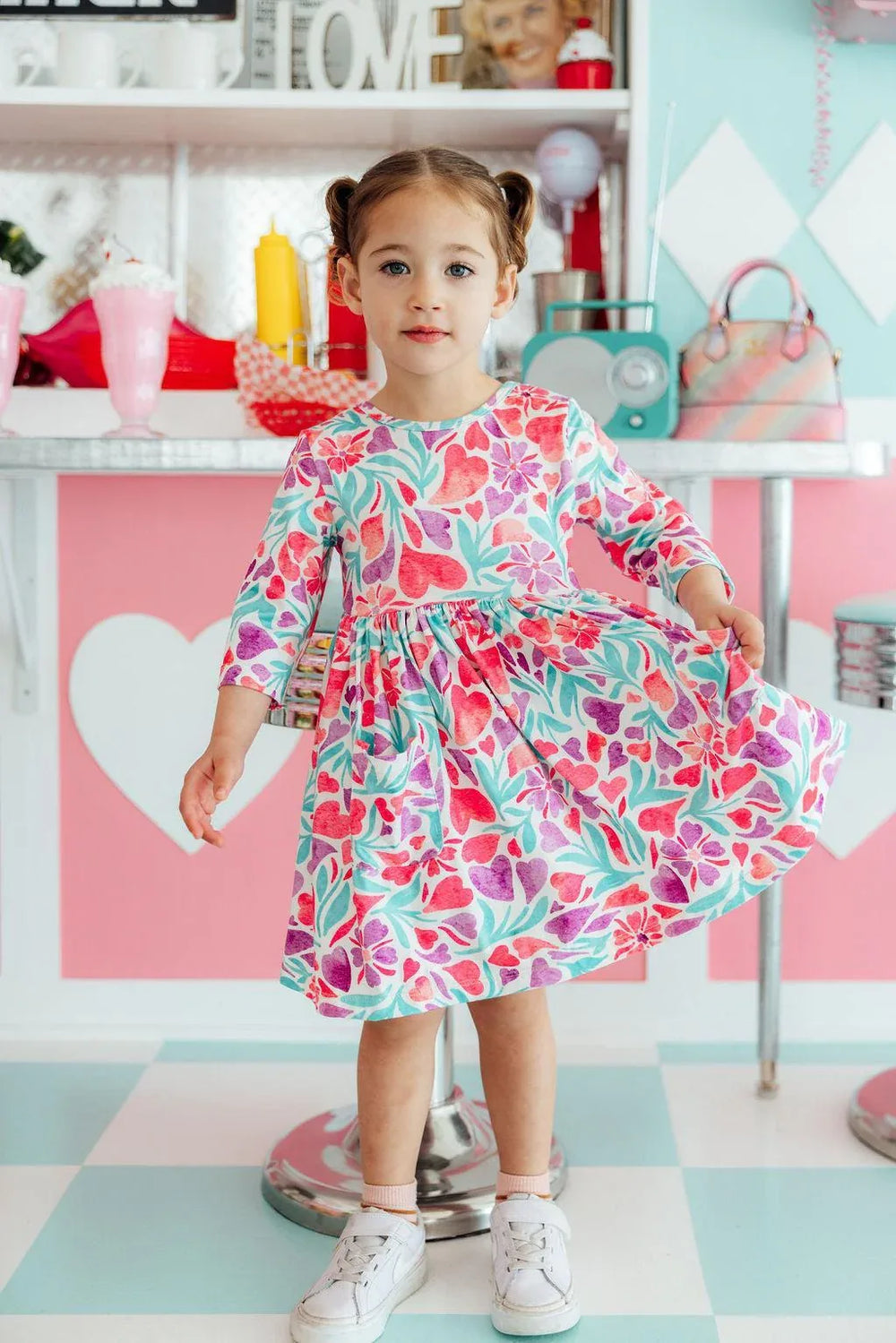 Watercolor Hearts 3/4 Sleeve Pocket Twirl Dress - Mila & Rose ® - Flyclothing LLC