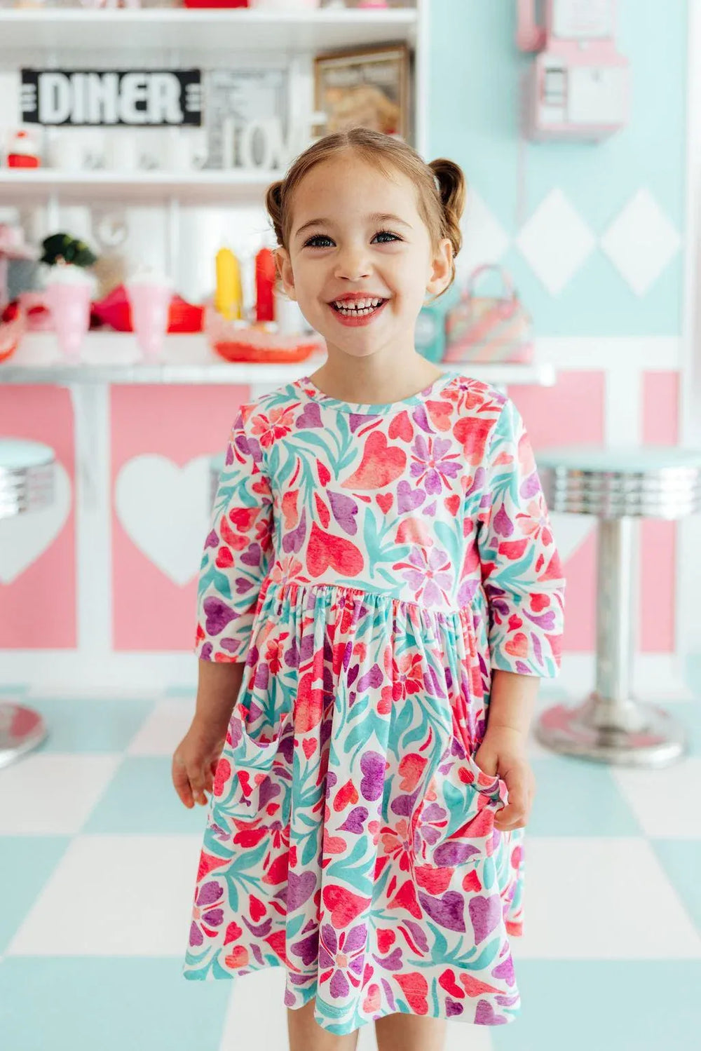 Watercolor Hearts 3/4 Sleeve Pocket Twirl Dress - Mila & Rose ® - Flyclothing LLC