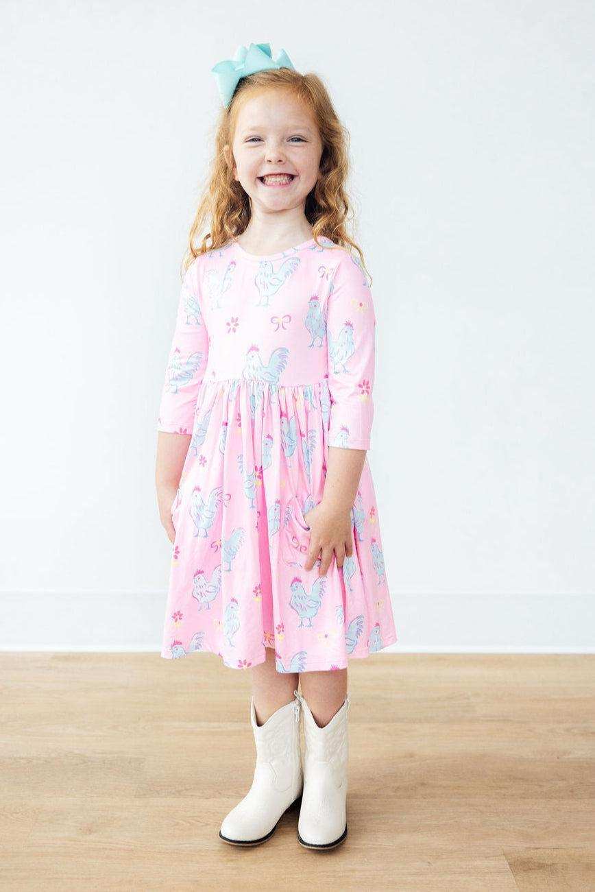 Little Miss Chickie 3/4 Sleeve Pocket Twirl Dress - Mila & Rose ® - Flyclothing LLC