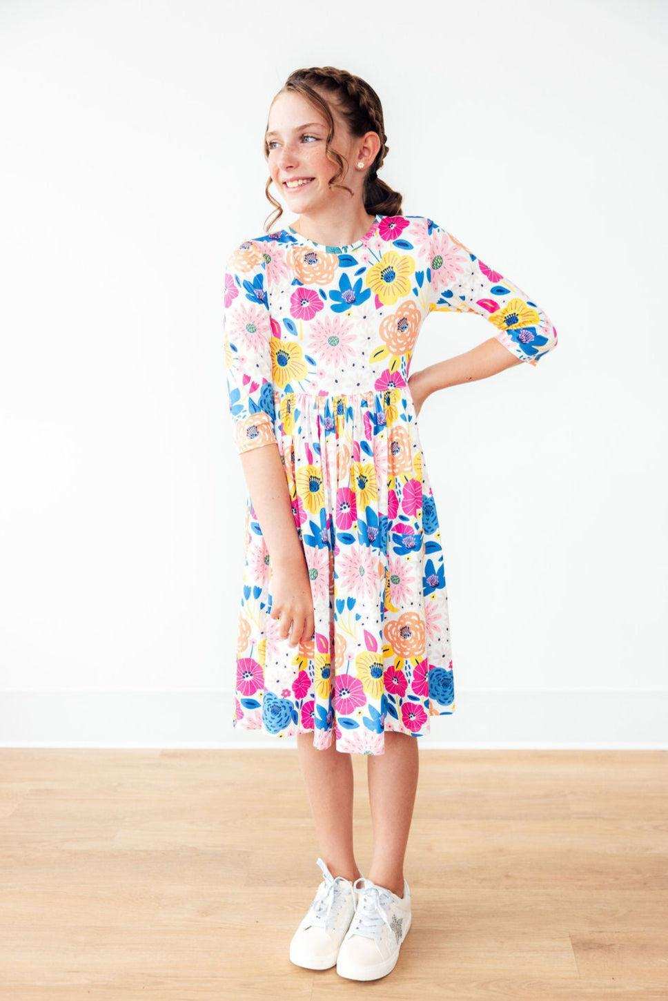 Sunshine Floral 3/4 Sleeve Pocket Twirl Dress - Mila & Rose ® - Flyclothing LLC