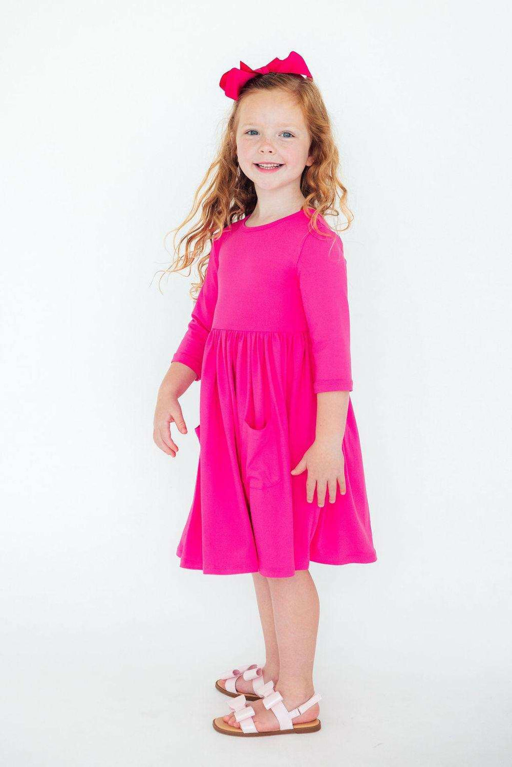 Hot Pink 3/4 Sleeve Pocket Twirl Dress - Mila & Rose ® - Flyclothing LLC