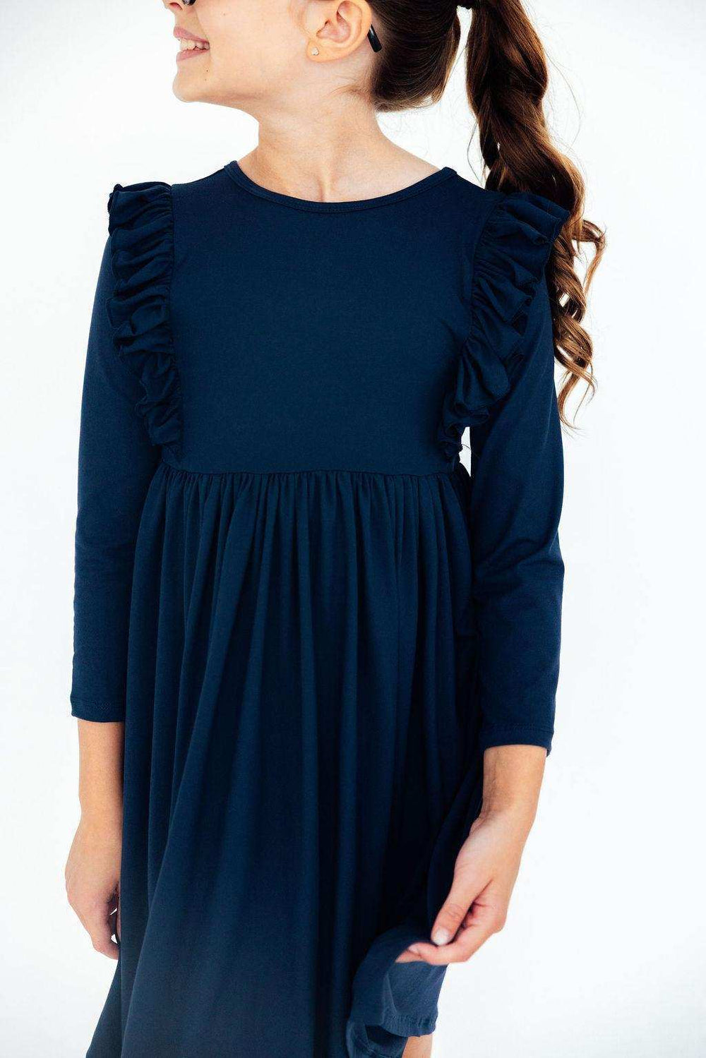 Navy L/S Ruffle Twirl Dress - Mila & Rose ® - Flyclothing LLC