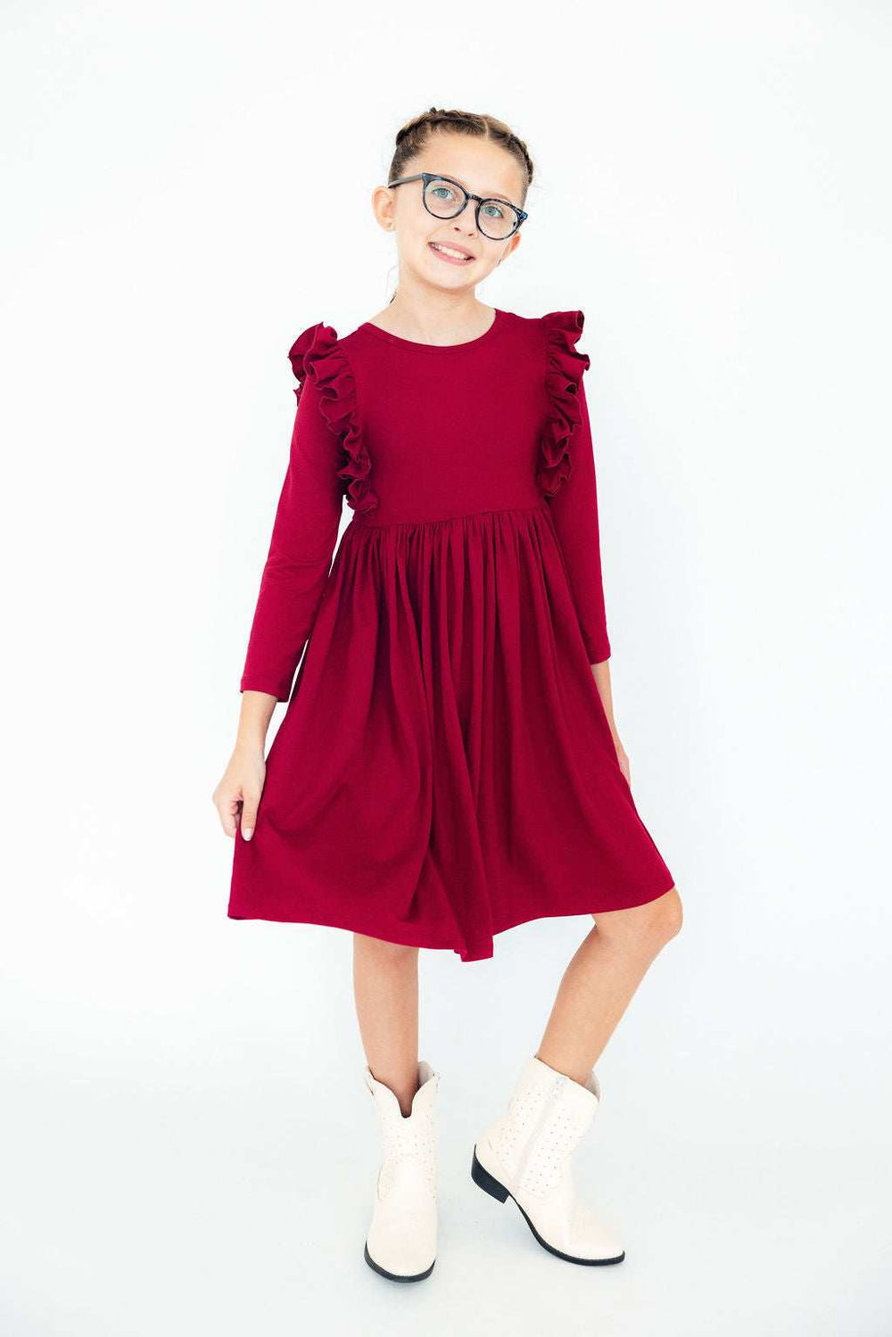 Burgundy L/S Ruffle Twirl Dress - Mila & Rose ® - Flyclothing LLC