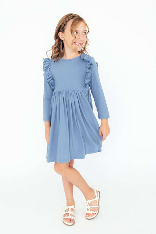 Dusty Blue L/S Ruffle Twirl Dress - Mila & Rose ® - Flyclothing LLC