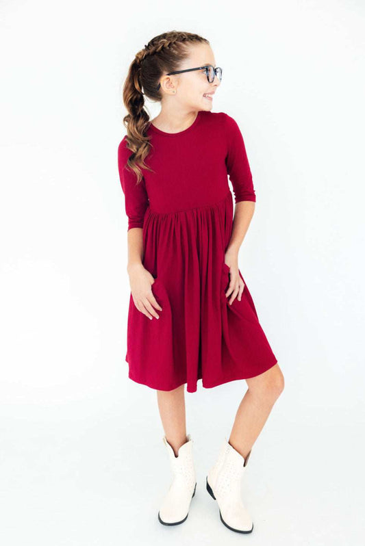 Burgundy 3/4 Sleeve Pocket Twirl Dress - Mila & Rose ® - Flyclothing LLC