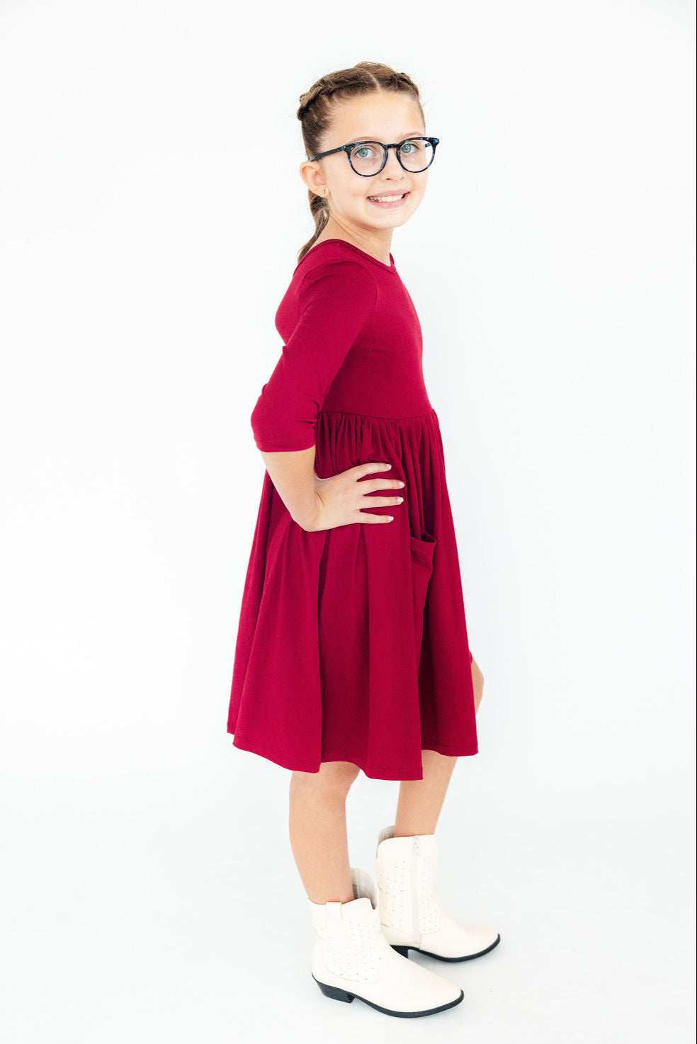 Burgundy 3/4 Sleeve Pocket Twirl Dress - Mila & Rose ® - Flyclothing LLC
