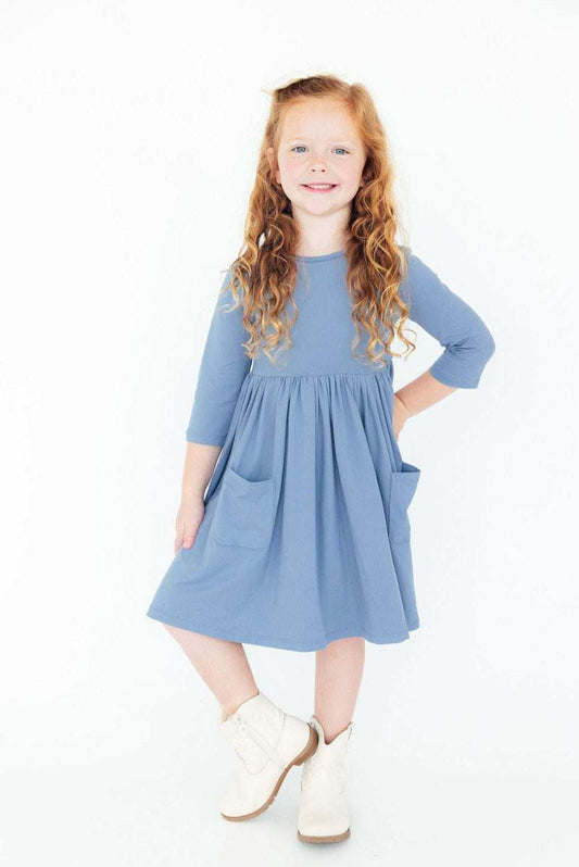 Dusty Blue 3/4 Sleeve Pocket Twirl Dress - Mila & Rose ® - Flyclothing LLC